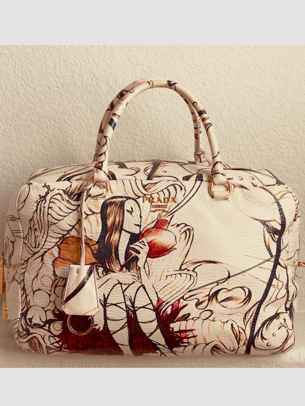 Prada  Signature Leather Limited Edition Fairy Collection James Jean Art Handbag